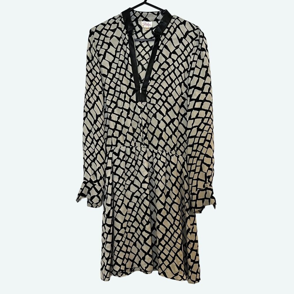 Parker Silk‎ Long Sleeve Dress Black White Pattern Dress Leather Neckline XS